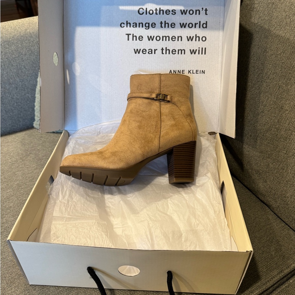 Anne Klein Tan Suede Ankle Booties with Buckle Detail